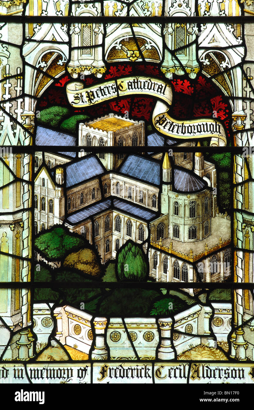 Stained glass depicting cathedral, Peterborough Cathedral