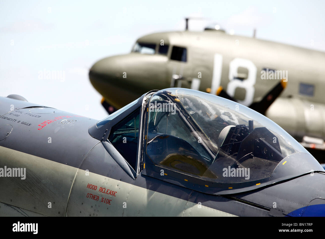 The cockpit of a Supermarine Seafire and a a DC-3 Dakota transport aircraft from World War Two at the Cotswold Airshow Stock Photo