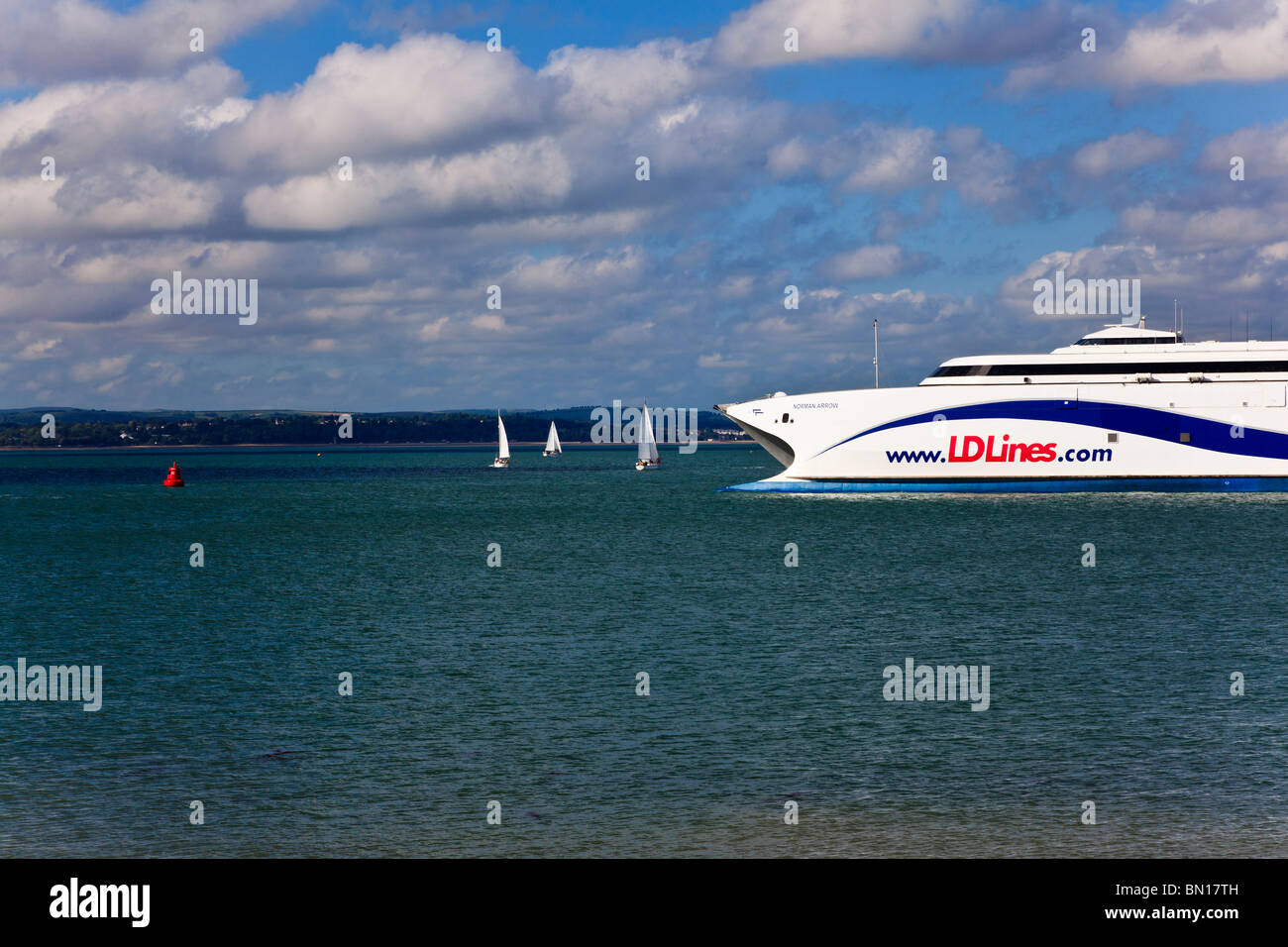 The LD Lines Fast Craft 'Norman Arrow' navigates the Portsmouth channel into the Solent bound For Le Havre Stock Photo