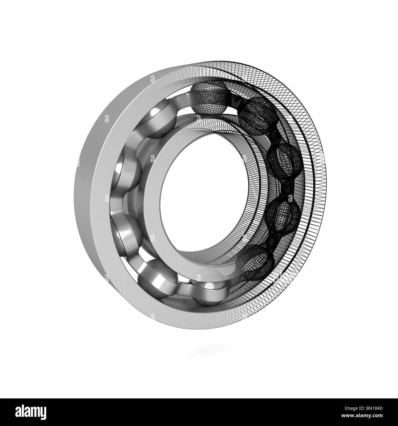 The three-dimensional model - half of bearing is represented as a grid. Stock Photo