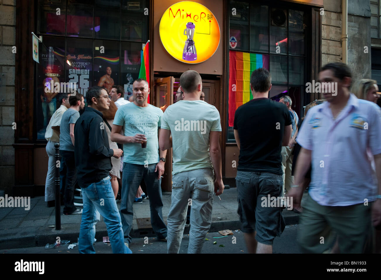 Paris, France, People Celebrating in the Marais District, Night, Local Gay Bars, ('The Mixer Bar', Now Closed), Crowd Stock Photo