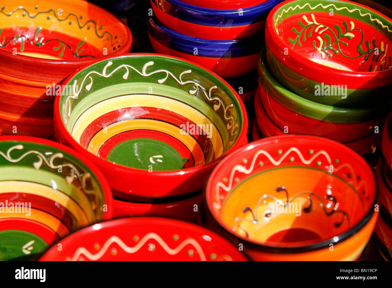 Traditional brightly coloured Mallorcan pottery Stock Photo