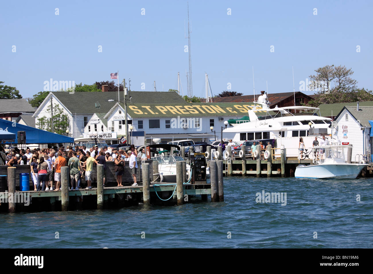 People gathered at Claudio's marina in Greenport Harbor on the eastern