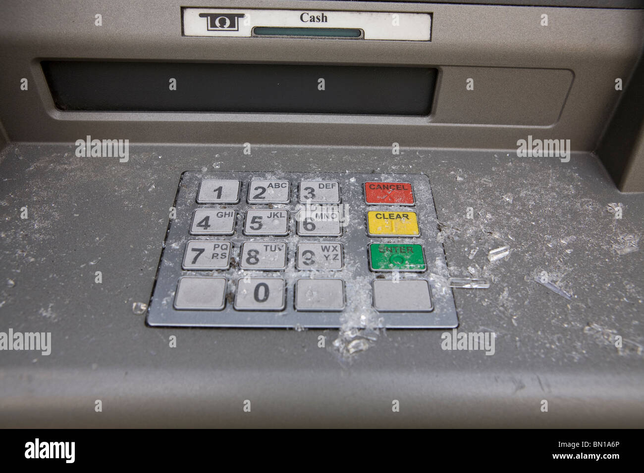 vandalized atm cash machine in London Stock Photo