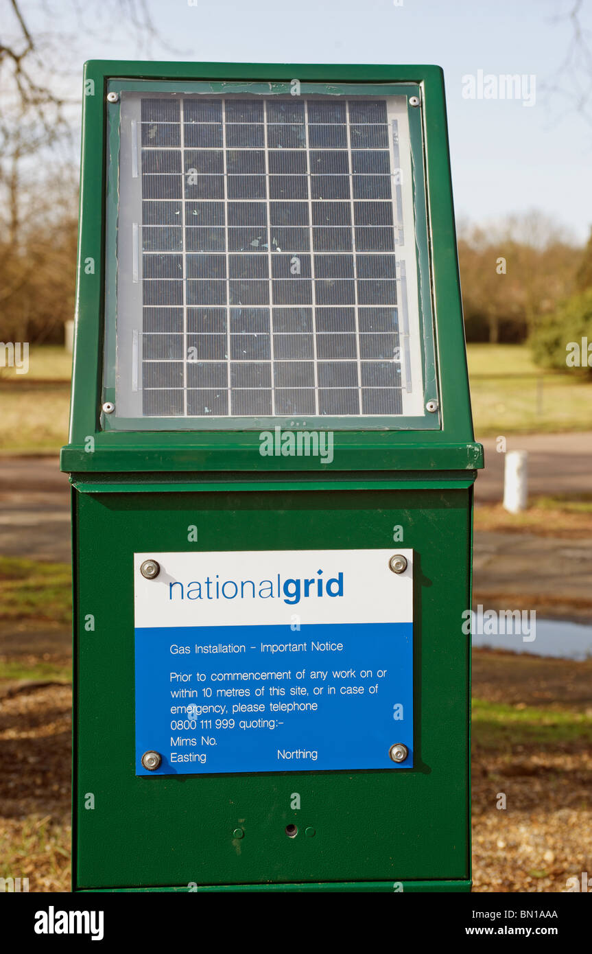 Solar panel on a National Grid mains gas control point Stock Photo