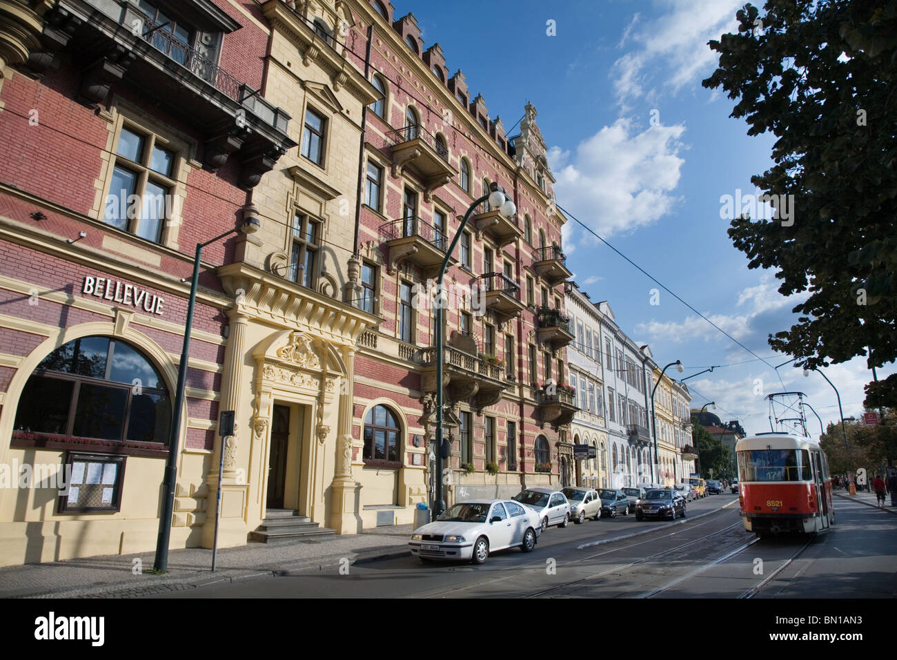 A Tramway in a street by the river, Prague, Czech Republic Stock Photo