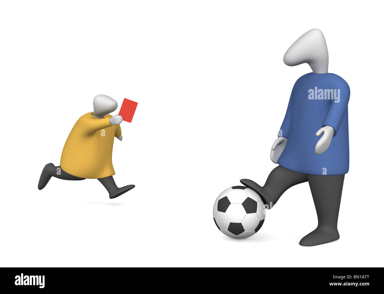Three-dimensional image - arbitrator shows a soccer player a red card. Stock Photo
