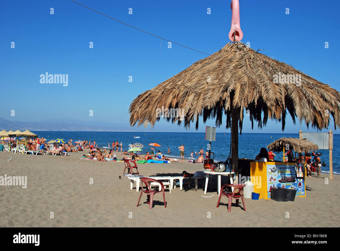 Small bar on the beach, Torremolinos, Costa del Sol, Malaga Province, Andalucia, Spain, Western Europe. Stock Photo