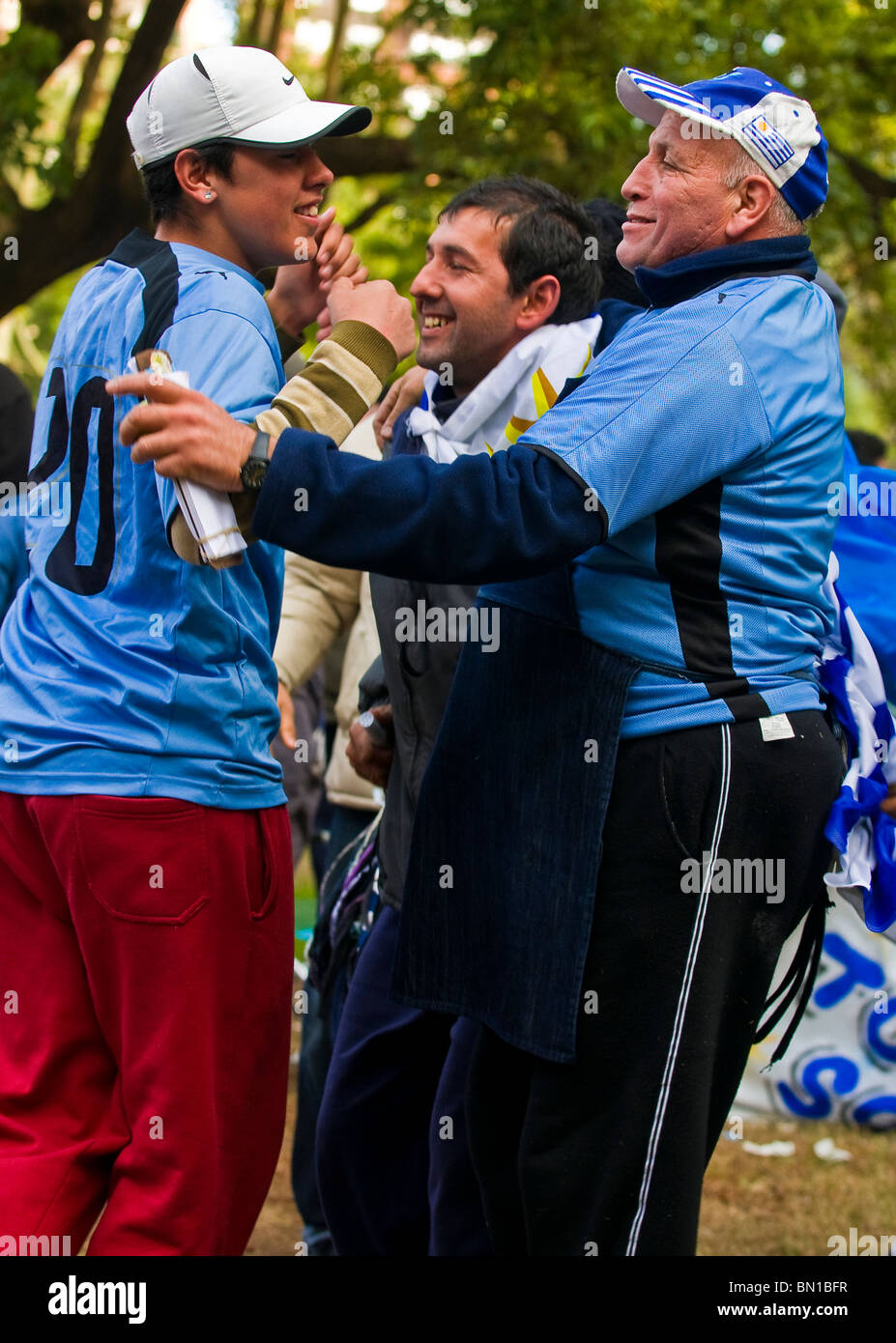 Uruguayan funs celebrating the first quarterfinals in 40 years after beating South Korea Stock Photo