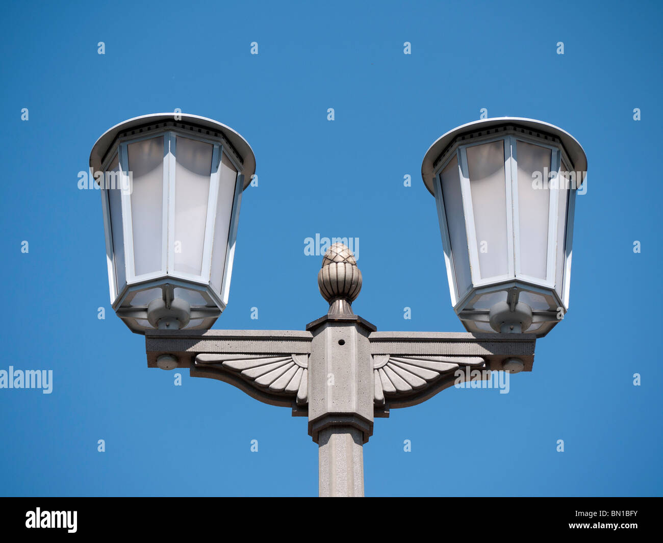 Detail of former East German decorative street light on historic Karl Marx Allee in Berlin Germany Stock Photo