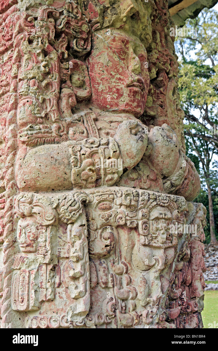 Maya ruins, Grand plaza, stone stela (8th century), Copan (Honrduras), Guatemala Stock Photo