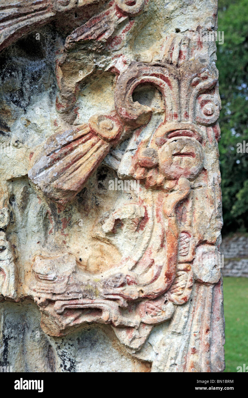 Maya ruins, Grand plaza, stone stela (8th century), Copan (Honrduras), Guatemala Stock Photo