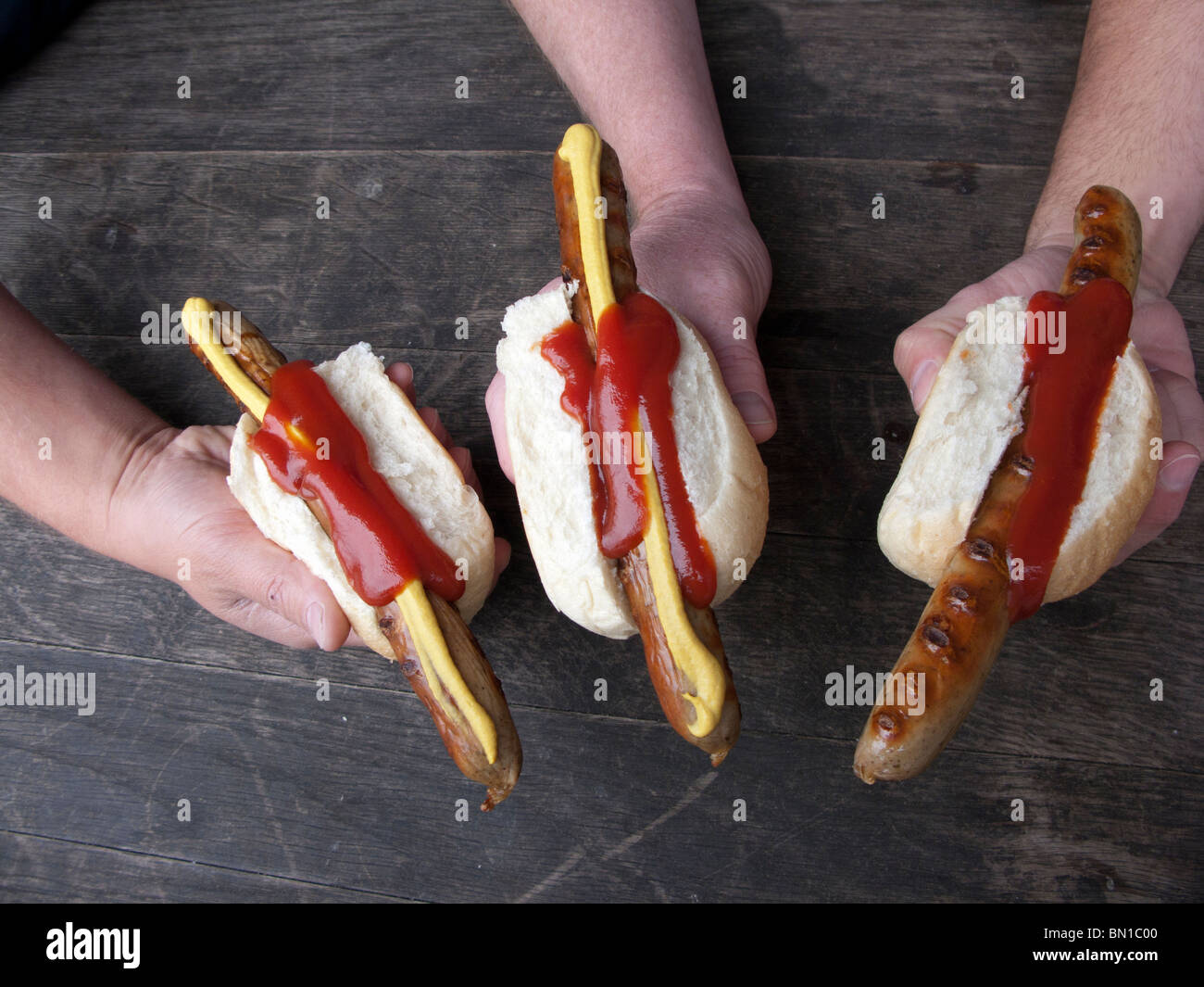 Three traditional bratwurst sausages in Berlin Germany Stock Photo