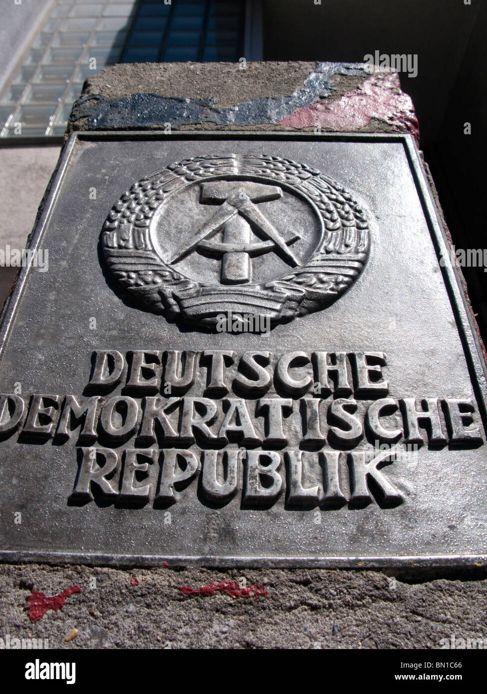 Detail of old East German sign at Checkpoint Charlie in Berlin Germany Stock Photo