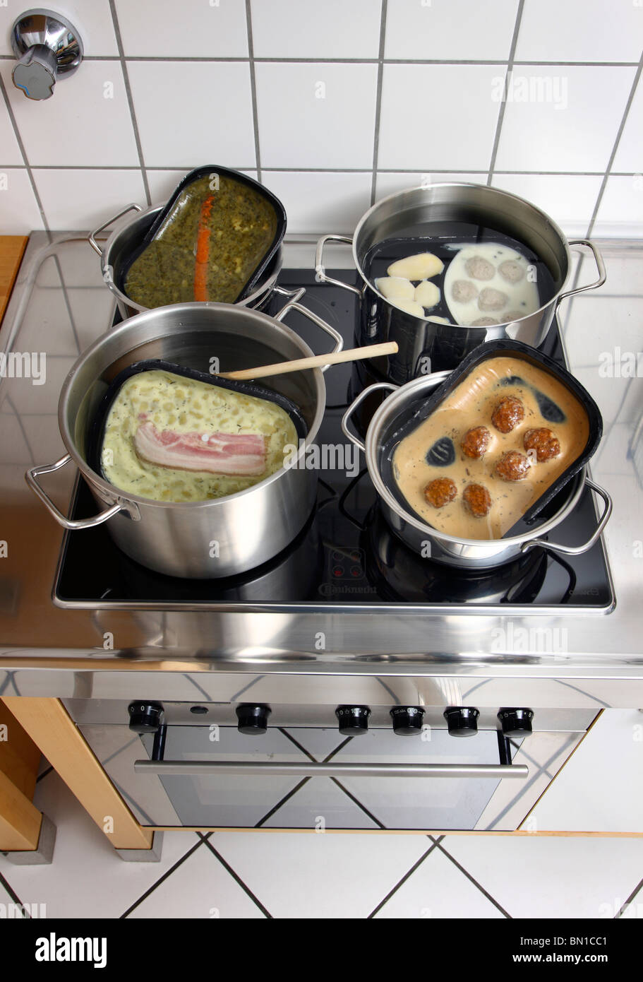 Heating of readytoserve meals in hot water. Convenience food products