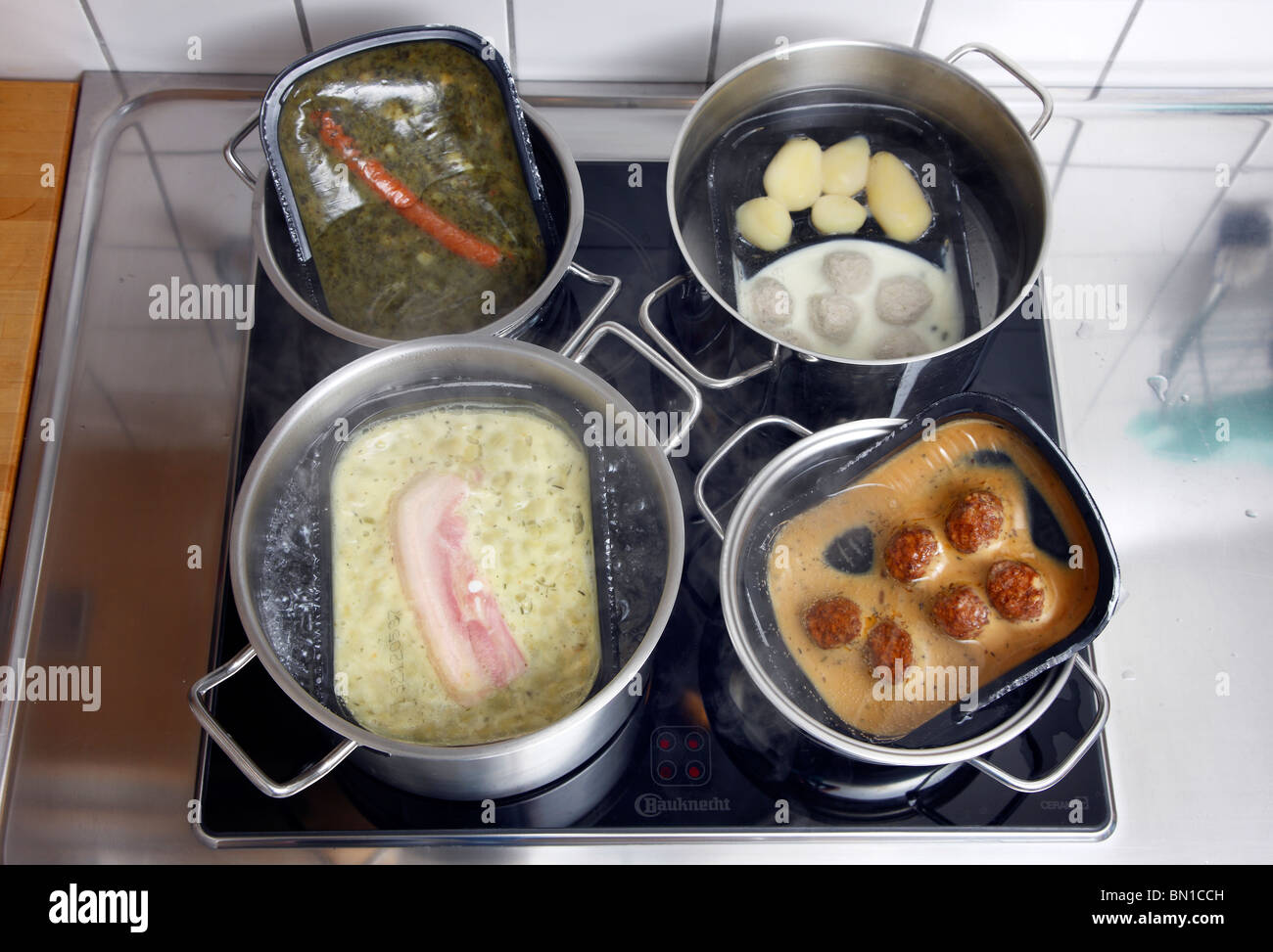 Heating of readytoserve meals in hot water. Convenience food products