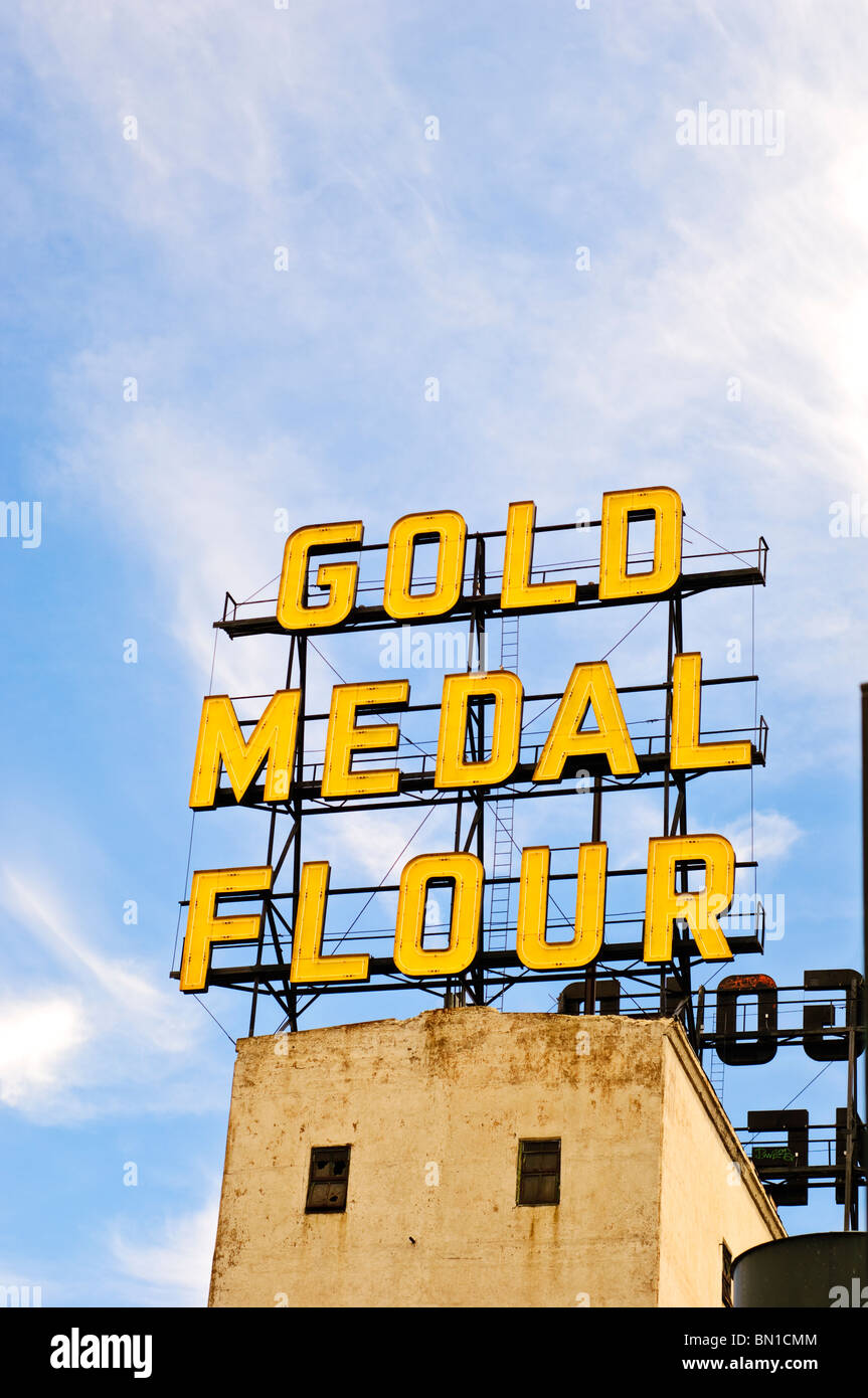Historic Gold Medal Flour sign above the Washburn A mill in Minneapolis, Minnesota. Stock Photo