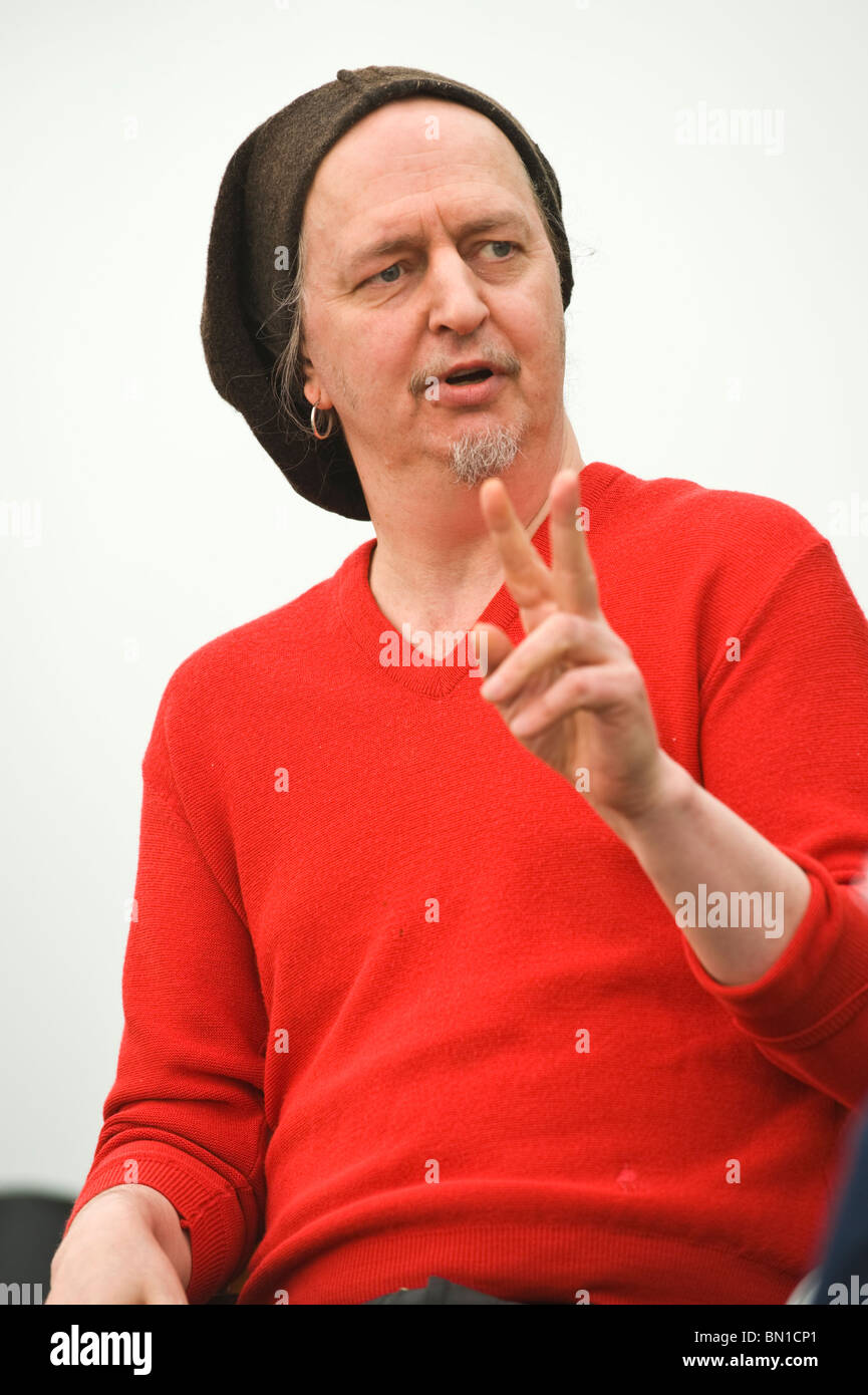 Rock music journalist Nick Kent pictured in conversation at Hay Festival 2010 Hay on Wye Powys Wales UK Stock Photo