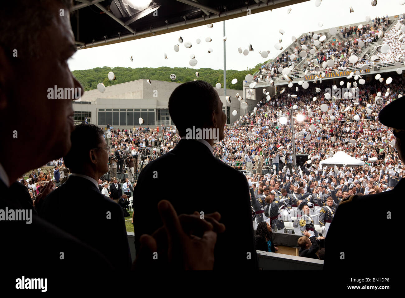 President Barack Obama attends the U.S. Military Academy commencement address at Michie Stadium in West Point, N.Y., May 2010 Stock Photo