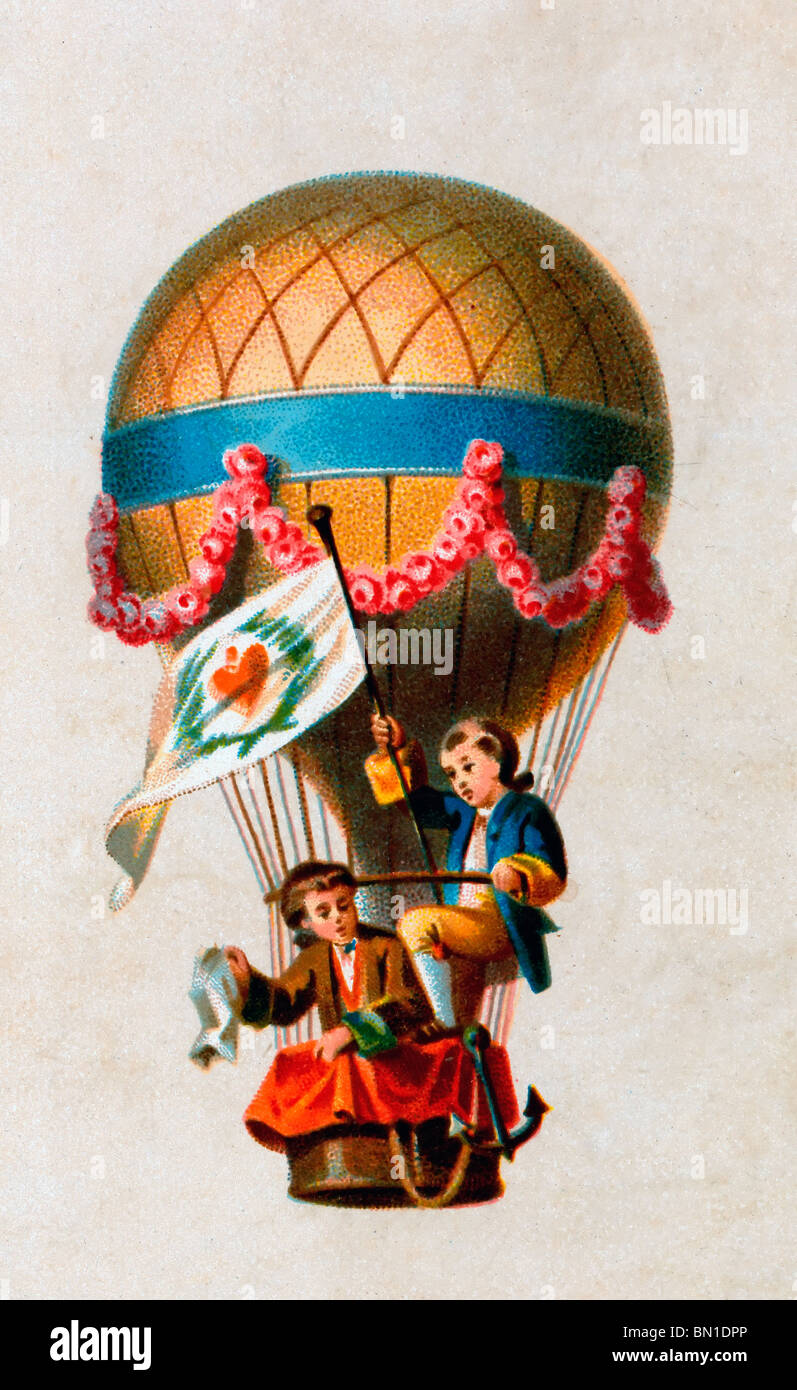 Card shows two children ascending in the basket of a balloon waving a flag and handkerchief Stock Photo