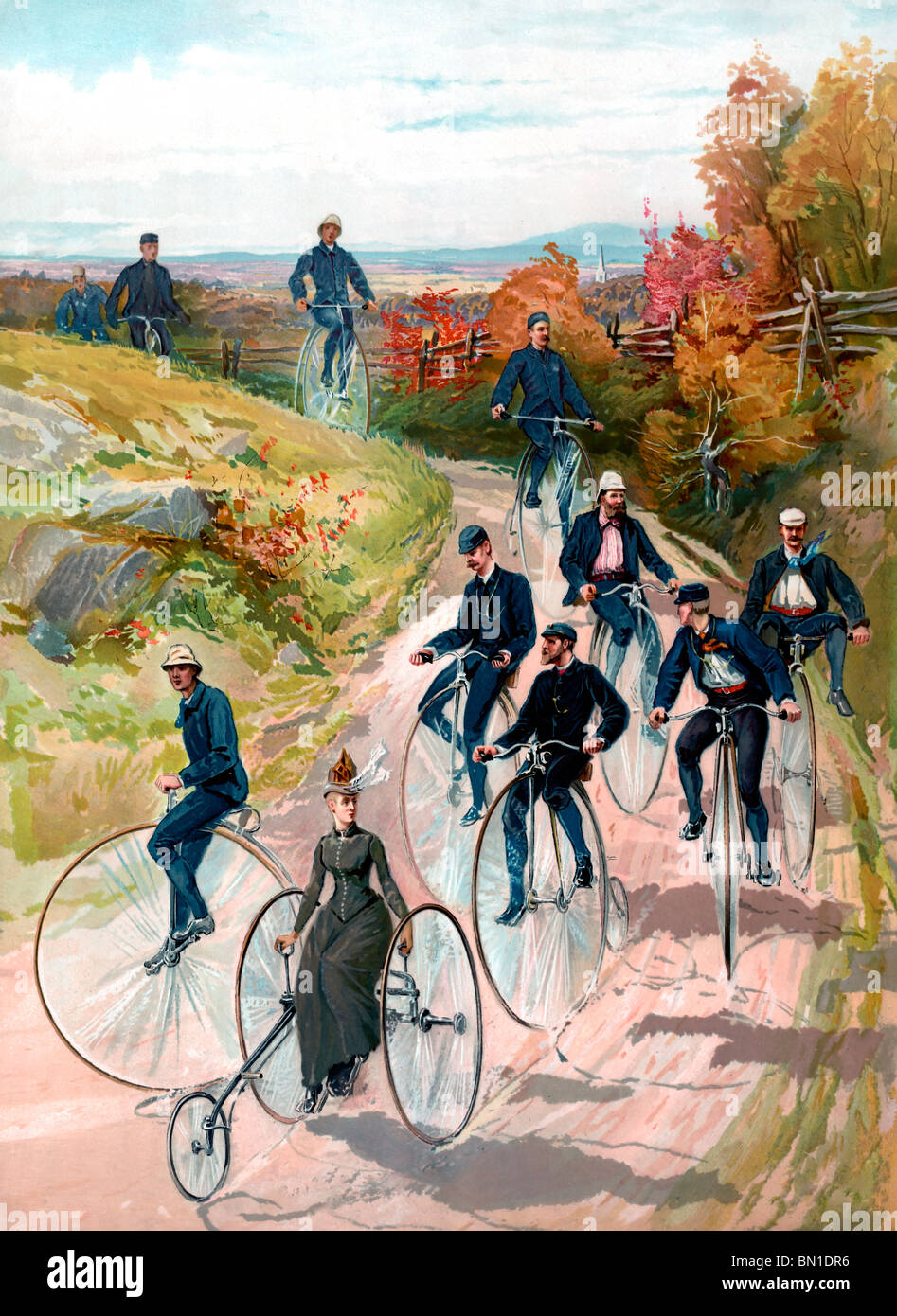 Bicycling - Woman, on three wheel bicycle, followed by men on high-wheelers, circa 1887 Stock Photo