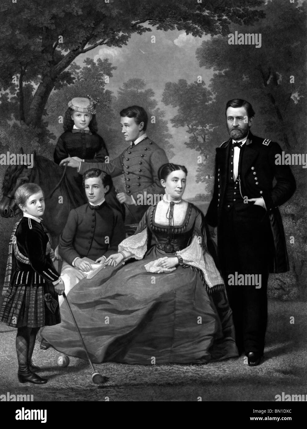 General Grant and family - Ulysses S. Grant and four children standing outdoors, his wife seated. Stock Photo