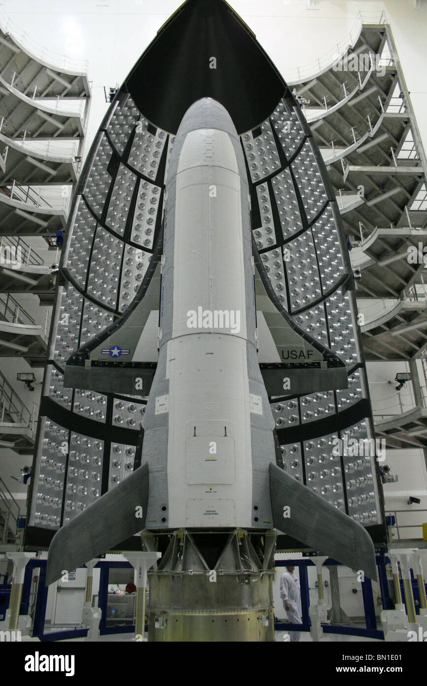The X-37B Orbital Test Vehicle waits in the encapsulation cell of the Evolved Expendable Launch vehicle. Stock Photo