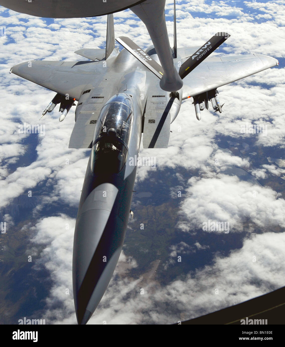 An F-15 Eagle from Elmendorf Air Force Base, Alaska, receives fuel from a KC-135 Stratotanker. Stock Photo