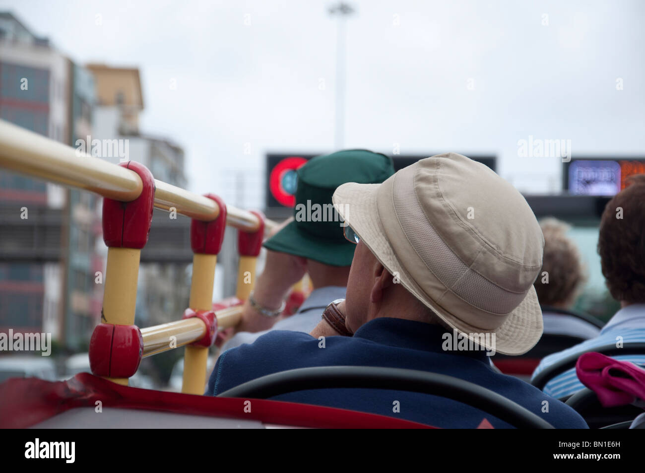 A tourist sightseeing on a City Sightseeing Tour Bus in Las Palmas, Gran Canaria. Stock Photo