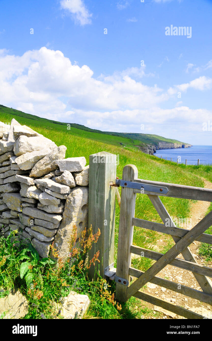 Gate along the South West Coastal Path, near Swanage, Dorset Stock Photo