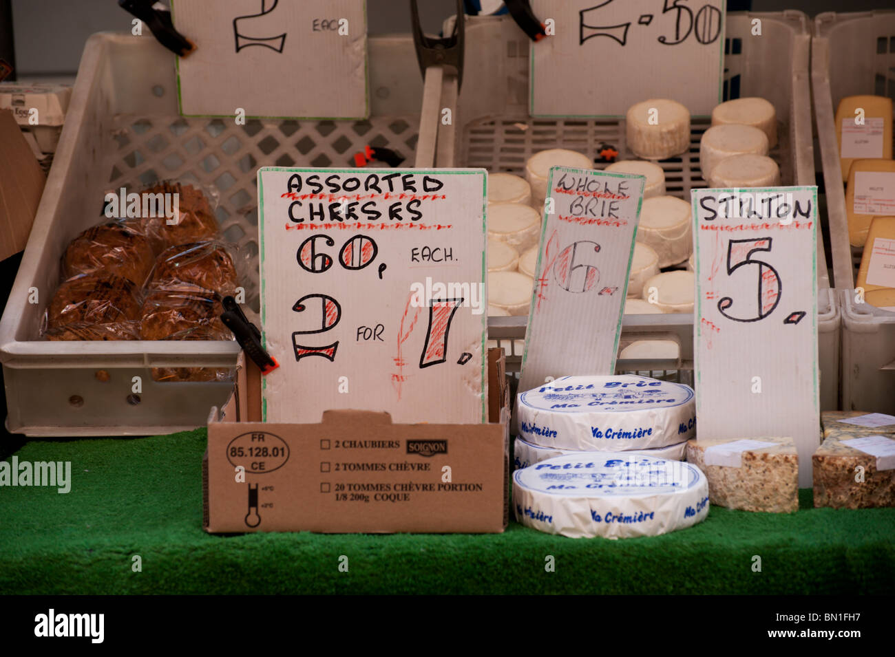 Assorted cheeses at the Wednesday Market on Gloucester Green, Oxford. Stock Photo