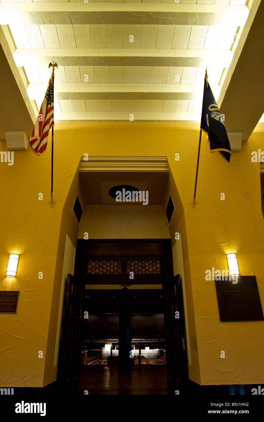 Entrance doorway with flags from foyer into Art Deco Shreveport LA