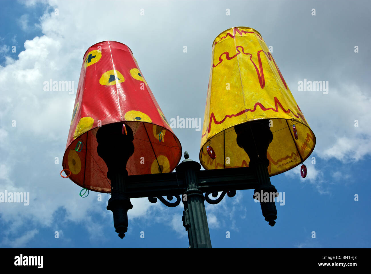 Colorful lamp shades on street lighting in downtown Shreveport LA Stock Photo
