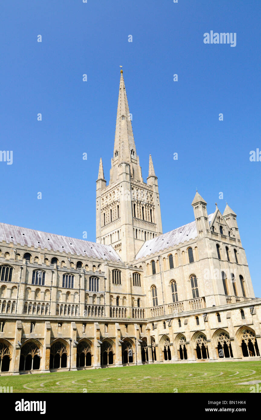 The Cloisters, South Transept and Spire of Norwich Cathedral, Norwich, Norfolk, England, UK Stock Photo