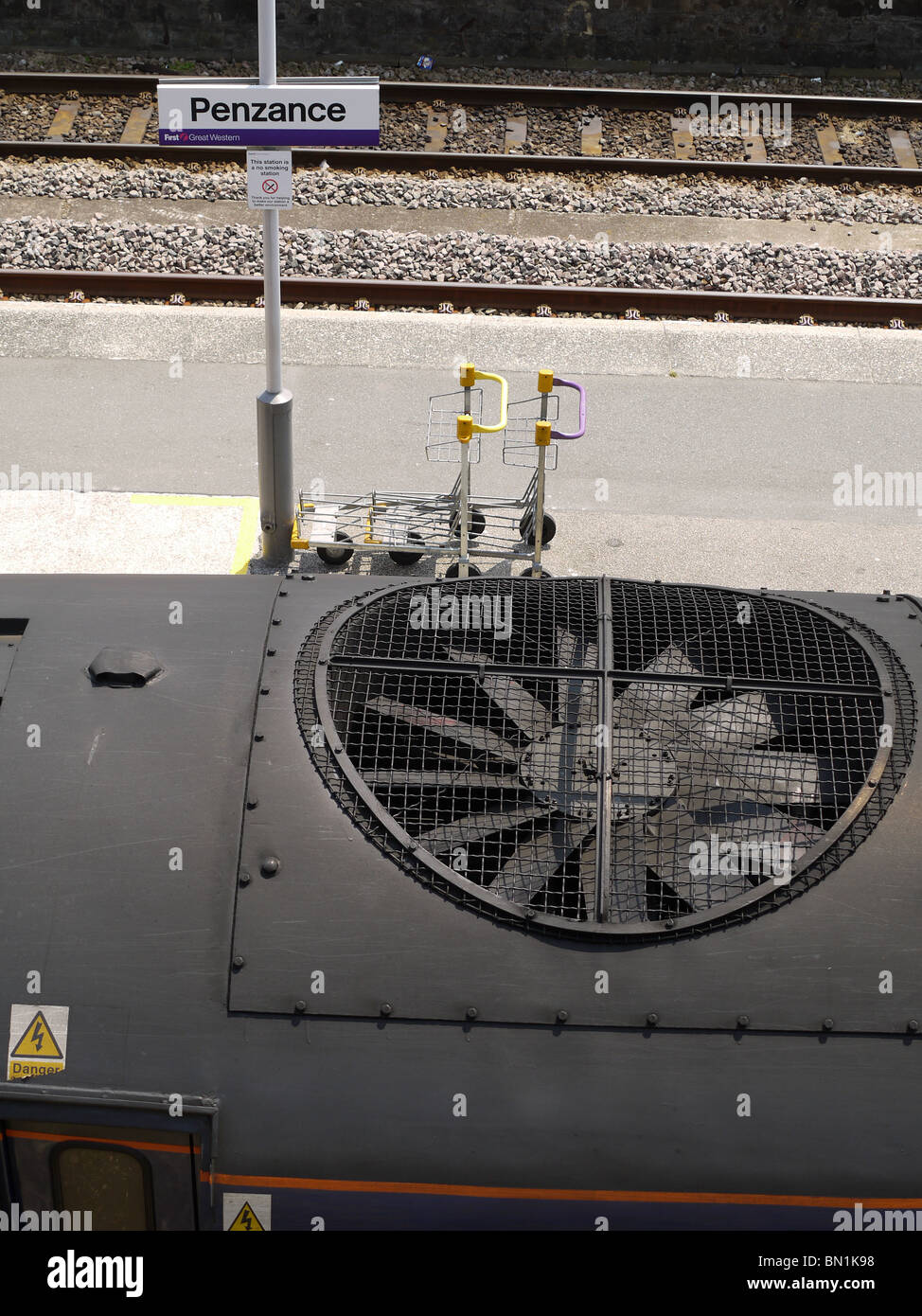 Old diesel locomotive cooling fan Penzance Station Cornwall UK Stock Photo
