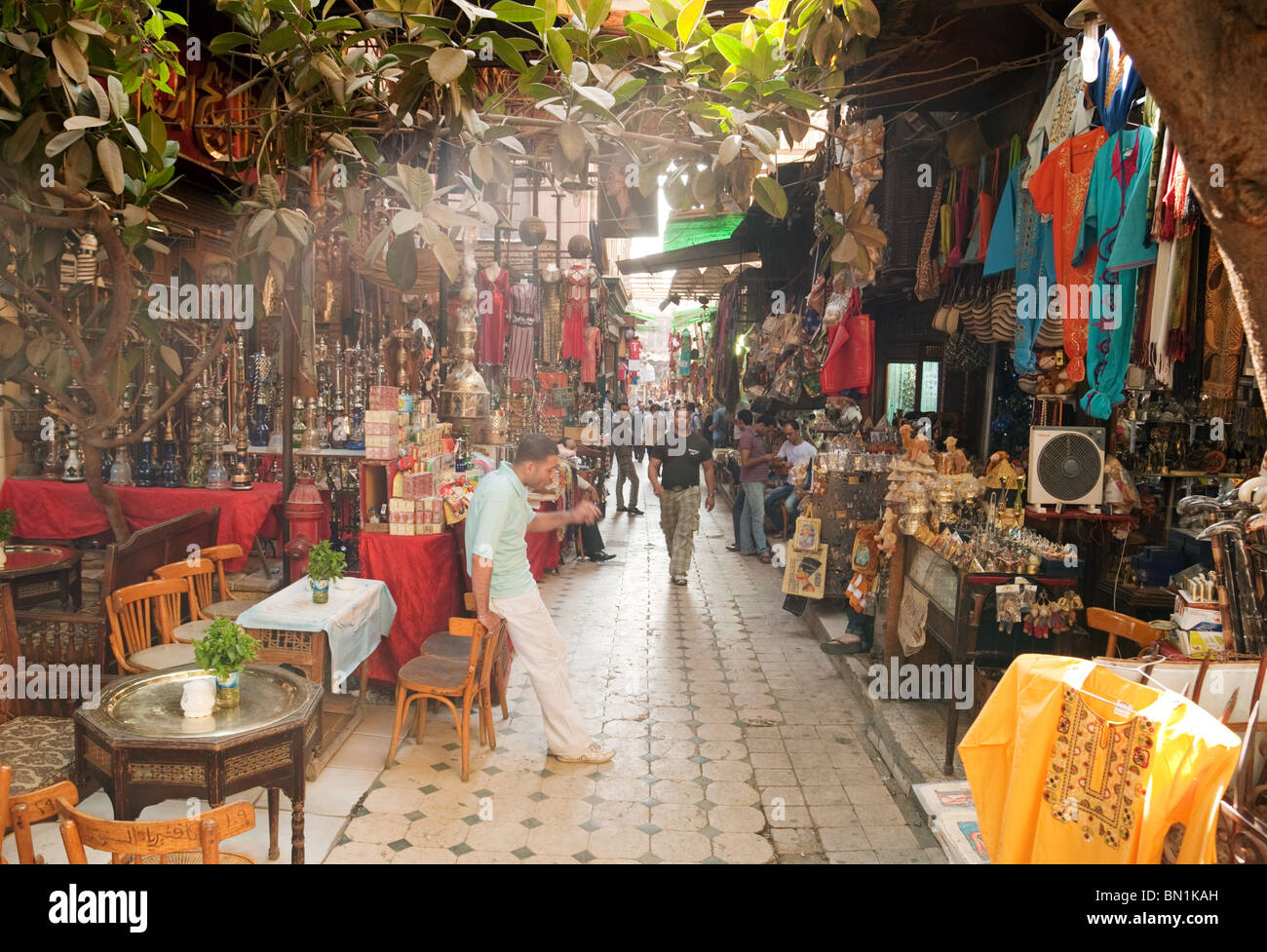 Africa market; A shaft of sunlight in a street scene in the Khan el Khalili market, Cairo, the Islamic quarter, Cairo Egypt Africa Stock Photo