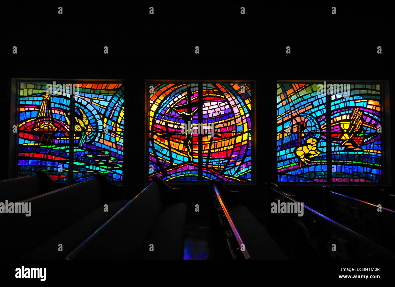 Modern stained glass windows at Saint Augustine Beach Anastasia Baptist Church, Florida, United States of America Stock Photo