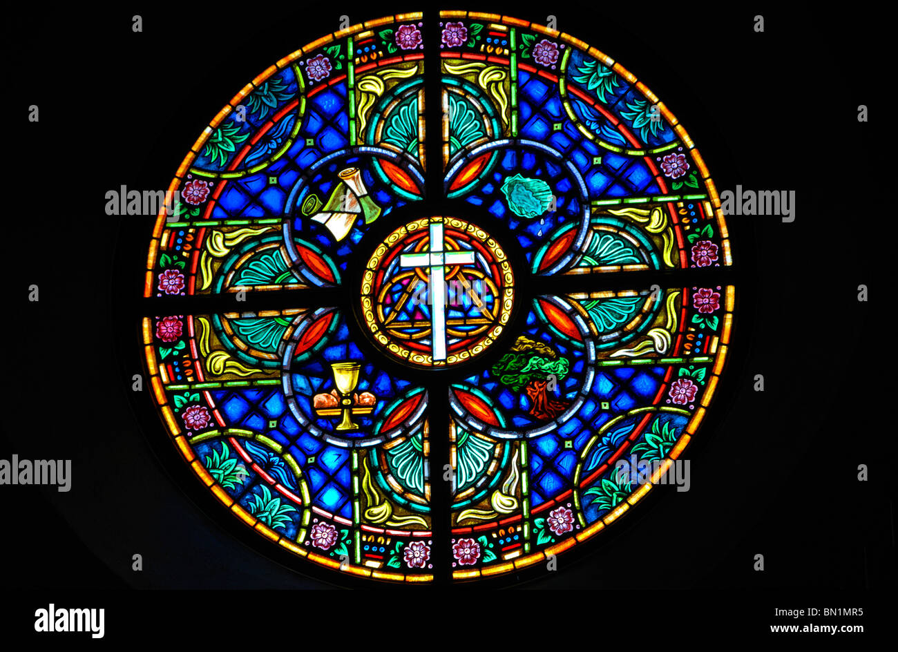Traditional stained glass window at Wesley United Methodist Church at St Simon's Island, Georgia, United States of America Stock Photo