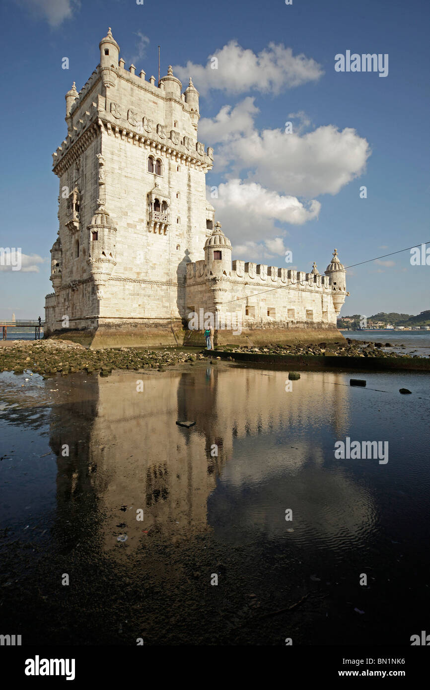 Icon Belem Tower Torre de Belem, prominent example of the Portuguese Manueline style in Belem, Lisboa, Portugal, Europe Stock Photo