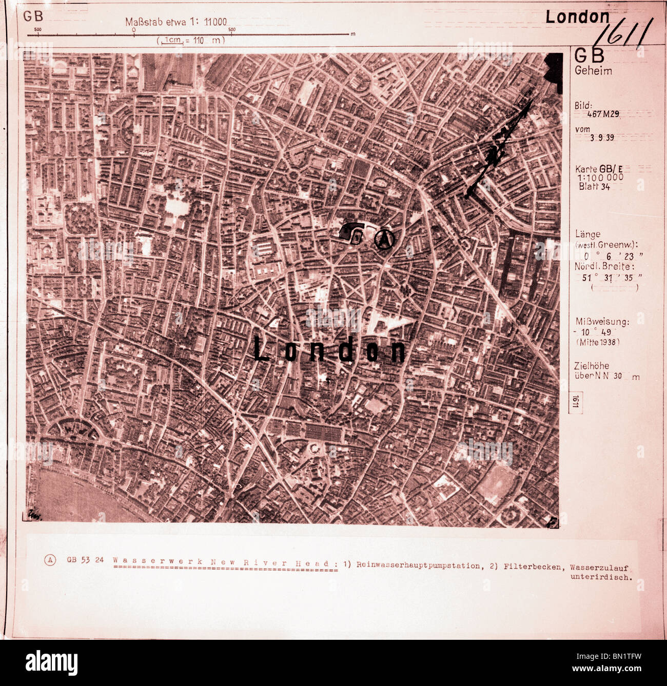 London - Central: Bloomsbury, Holborn, Clerkenwell, Finsbury. 3rd September 1939 Water Works, Filter Bed & Pump Station Stock Photo