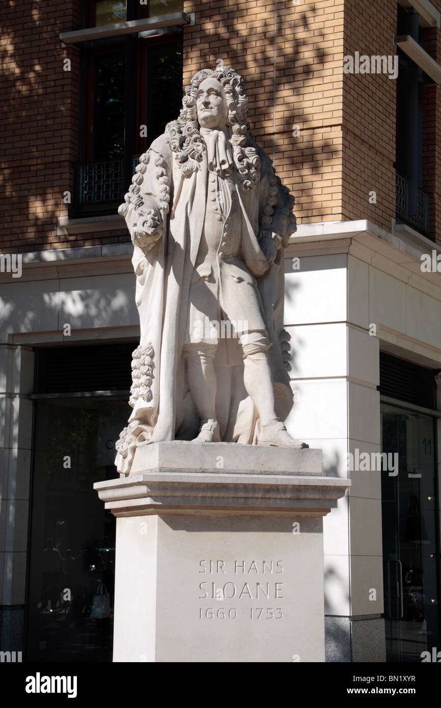 Statue of Sir Hans Sloane in its temporary site of Duke of York Square, Kings Road, Chelsea, London, UK. June 2010 Stock Photo