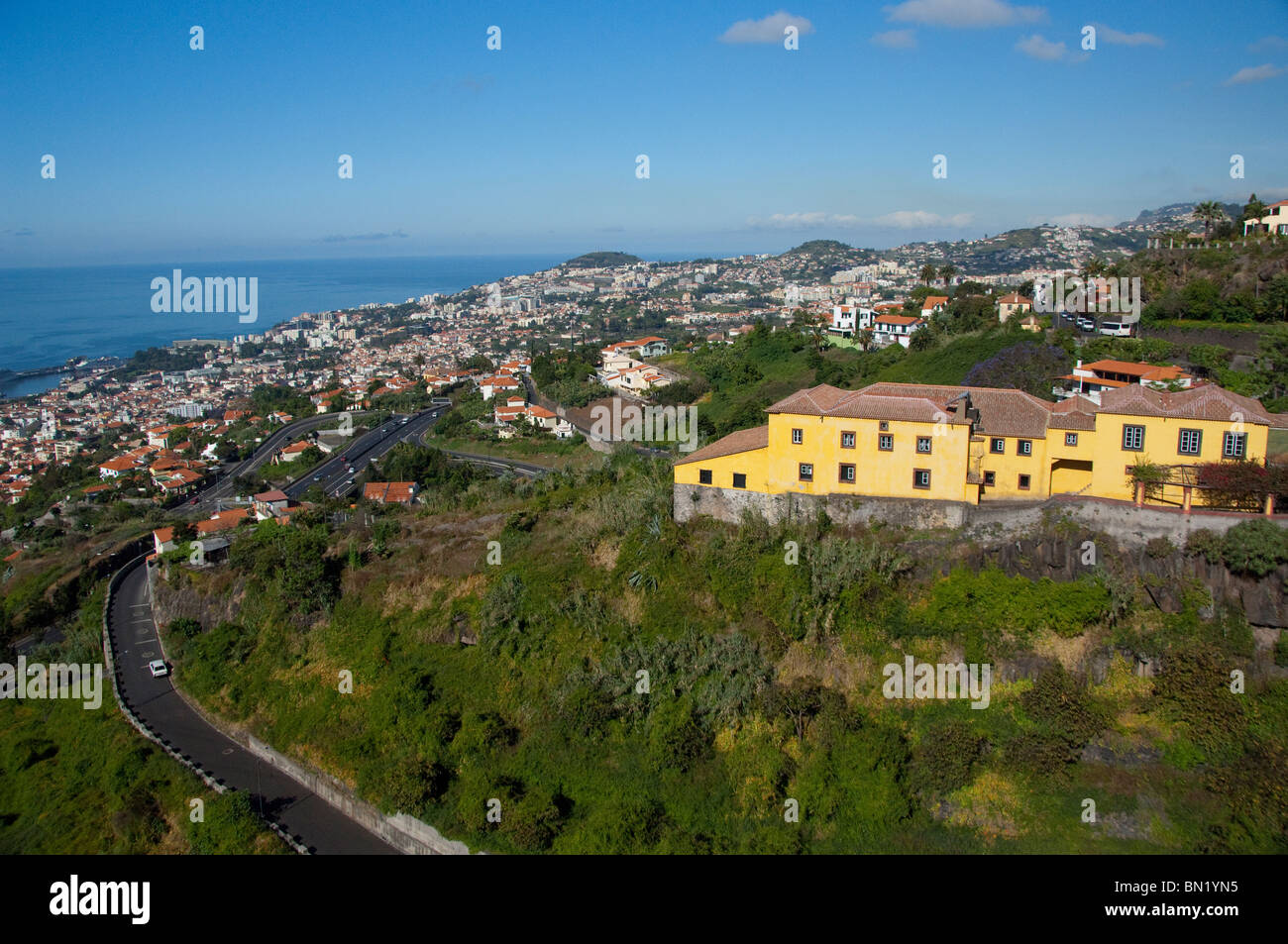 Portugal, Madeira Island, Funchal. Cable car ride from Funchal to Monte. Roof top View from cable car. Stock Photo