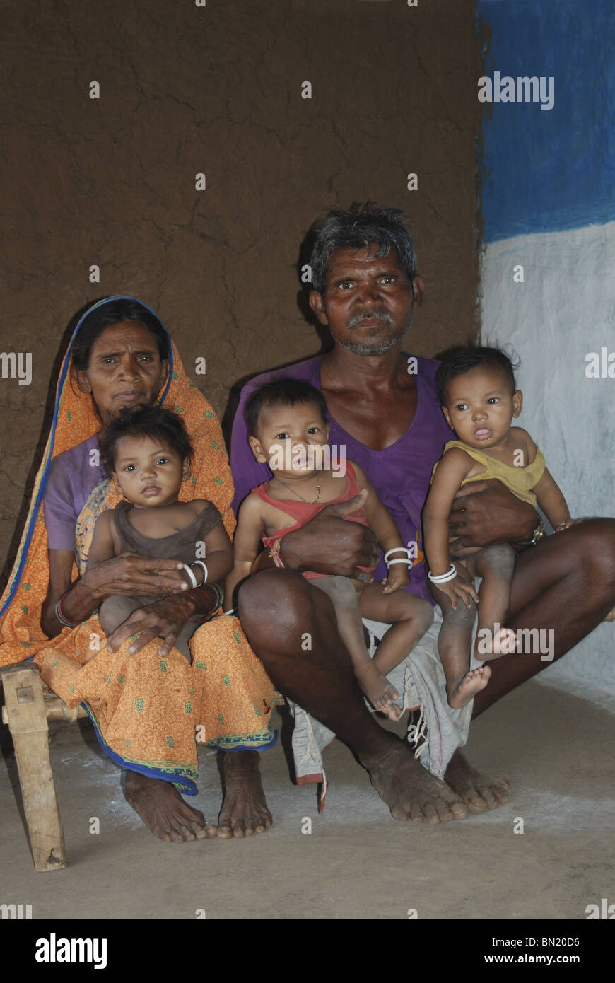 ganga, jamuna, saraswati, - triplets born on 5th June with grandparents, Madhya Pradesh Stock Photo
