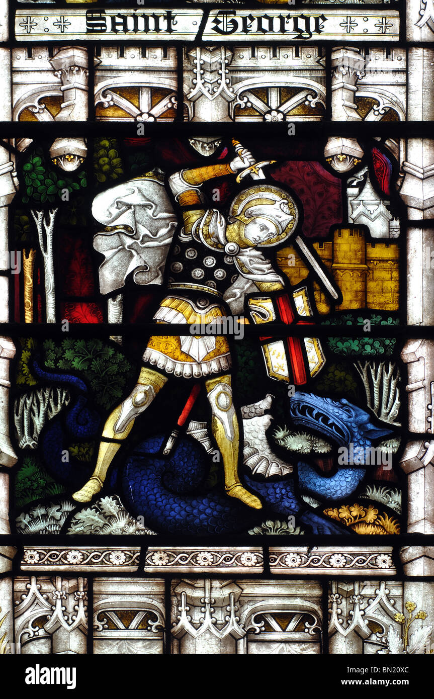 St. George and the Dragon stained glass, St. John the Baptist Church, Peterborough, Cambridgeshire, England, UK Stock Photo