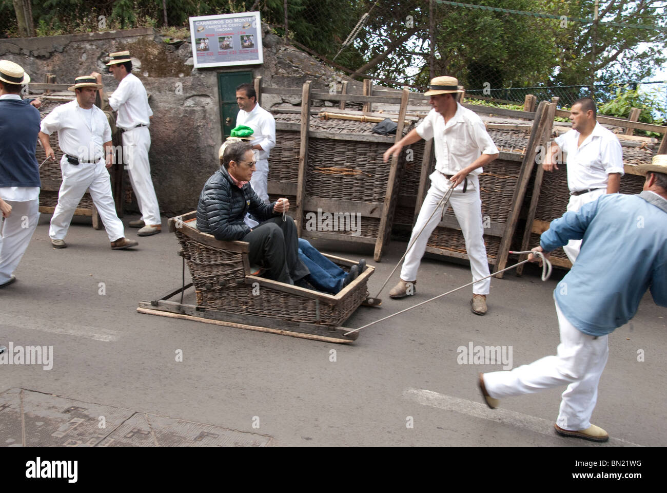 Portugal, Madeira.“Monte sledge” ride from Monte downhill to Funchal