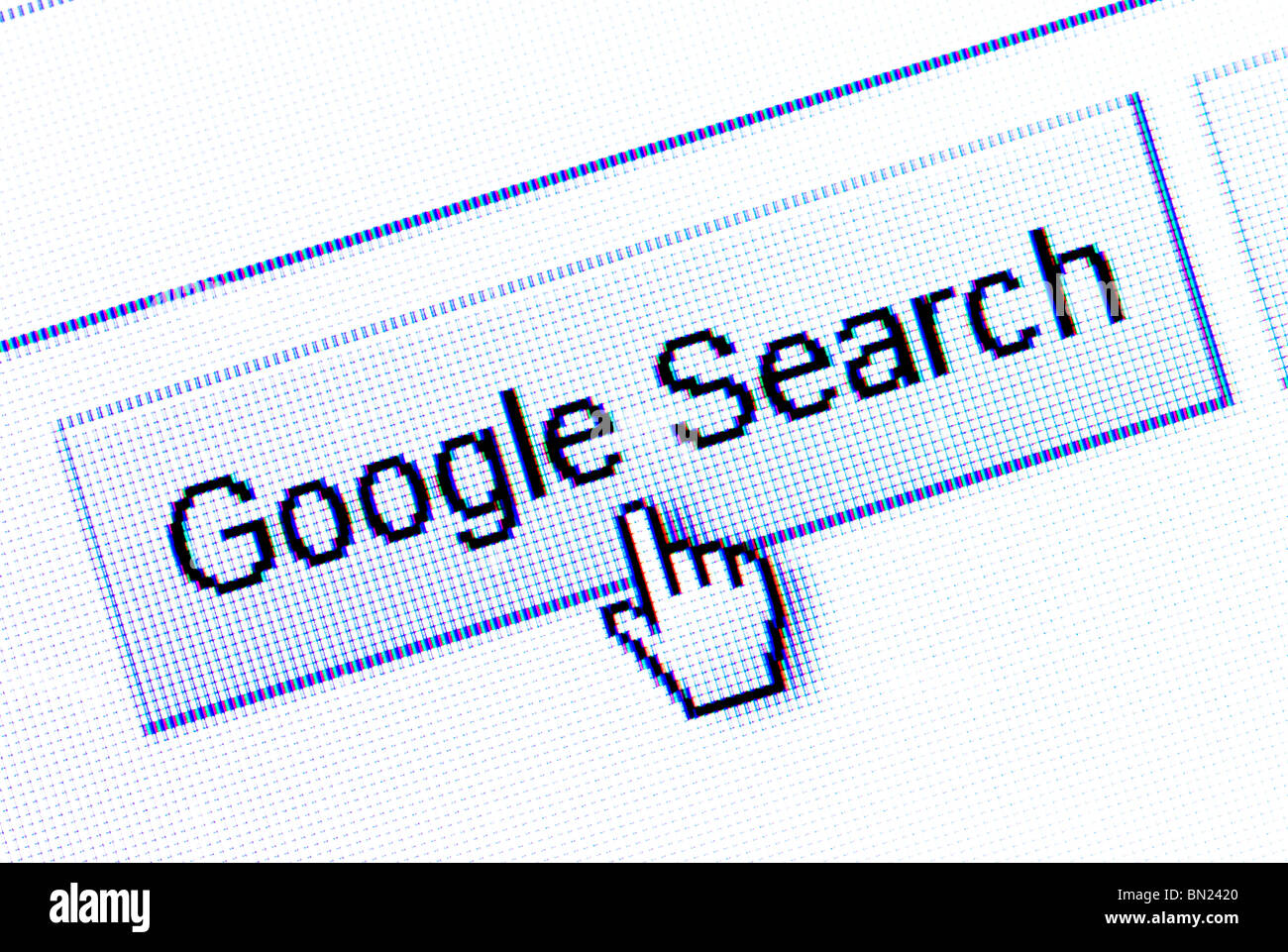 Macro computer screenshot of hand cursor hovering over the search icon / tab on the Google search engine. Editorial use only. Stock Photo
