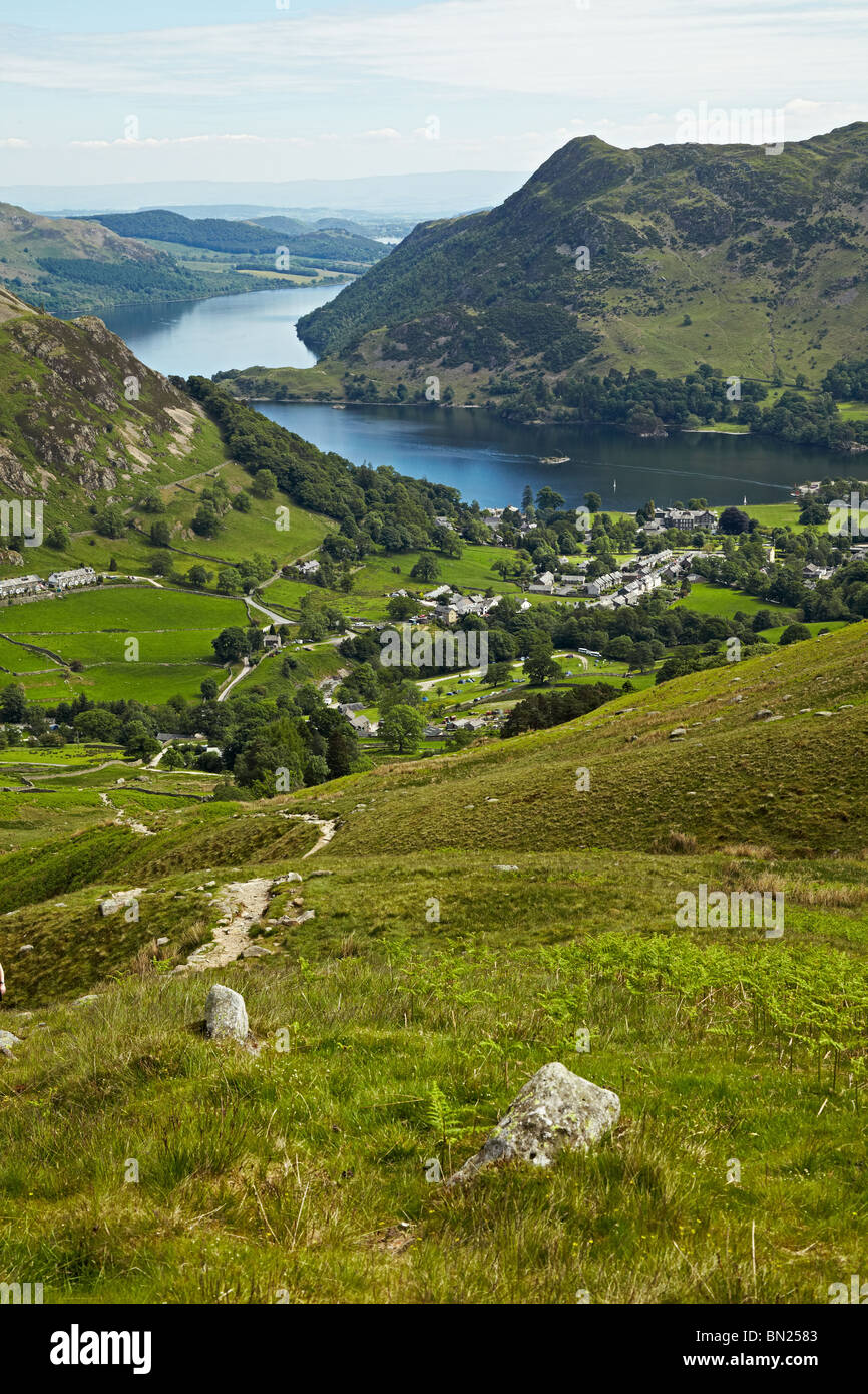 View of Ullswater looking over Glenridding from the Little Cove path to Helvellyn Stock Photo