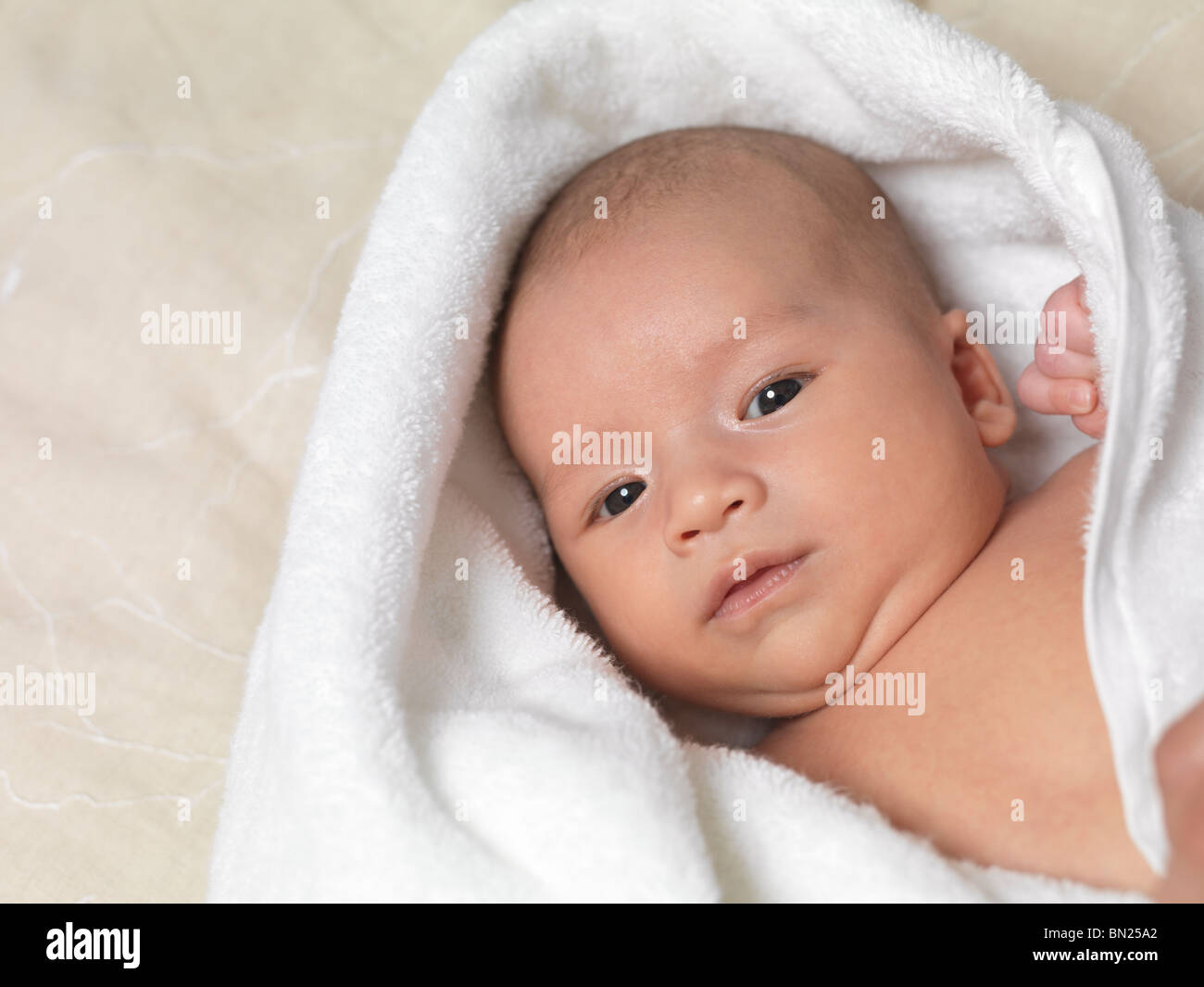 Six week old cute baby boy wrapped in a towel after a bath Stock Photo