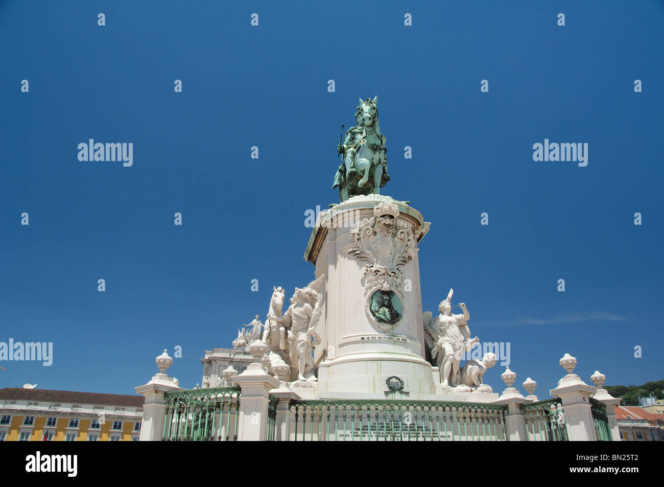 Europe, Portugal, Lisbon. Lower Town (aka Baixa quarter). Black Horse Square (aka Praca do Comercio), historic statue. Stock Photo