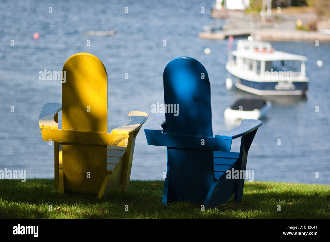Colorful adirondack chairs, Champlain Valley, Vermont, USA Stock Photo
